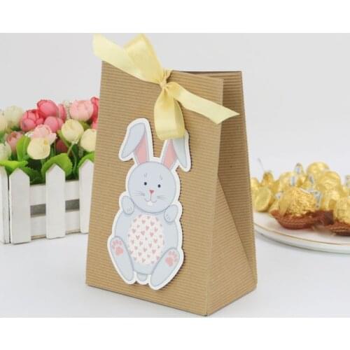 20pcs/set Easter Bunny Pattern Kraft Paper Bag for Easter Candy Chotolate Bag Eco-friendly Striped Gift Bag with Ribbon