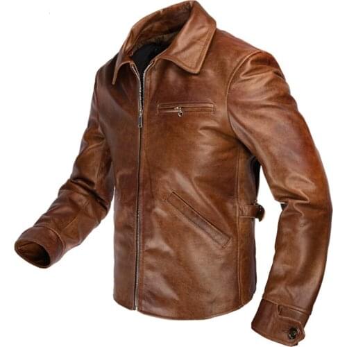 2020 Retro Brown American Casual Style Jacket Plus Size XXXL Genuine Cowhide Autumn Slim Fit Leather Coat FREE SHIPPING