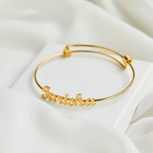 HUHUI Custom Name Bangle Personalized Nameplate Adjustable Bracelet For Women Stainless Steel Bangle Jewelry Anniversary Gift