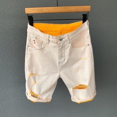 Biker Jeans Short Male Bermuda Brand Clothes High Quality Fashion Men Color Khaki Orange Stretch Denim Shorts Summer Thin