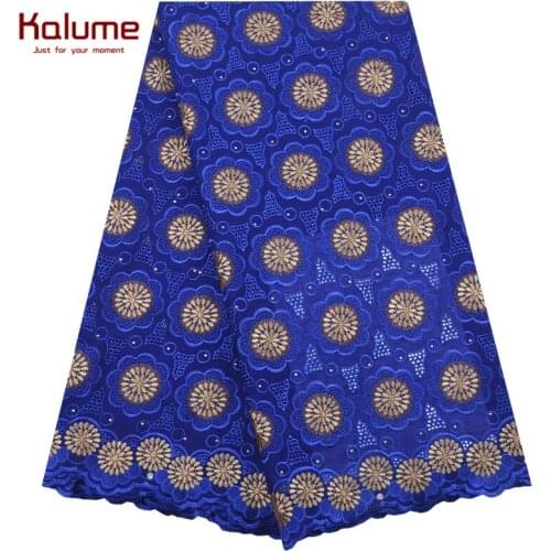 Kalume Royal Blue African Swisss Cotton Lace Fabric Holes Nigerian Swiss Voile Lace In Switzerland With Stones For Dress F1873
