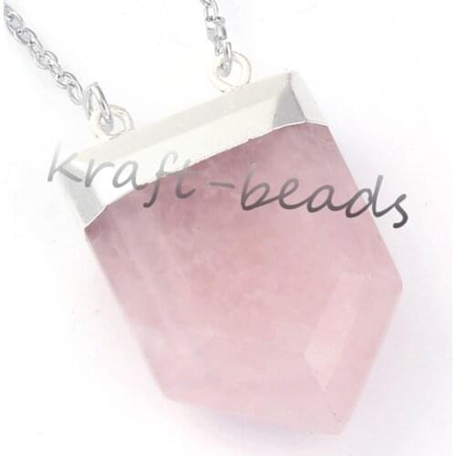 Kraft-beads Silver Plated Pentagonal Shield Section Pendant Natural Rose Pink Quartz Necklace