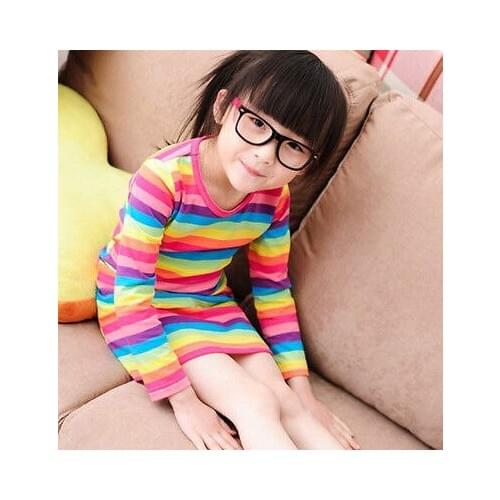 2016 Hot-selling Baby Kids Girls outfit Clothes CUTE Rainbow Striped Long Full sleeve Dress Cotton Summer Clothing
