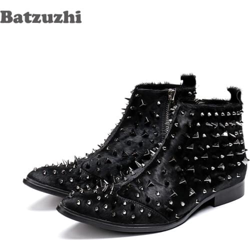 Rock Men Boots Western Knight Boots Black Horse Hair Ankle Boots Men with Silver Rivets Safety Boots Military Spikes Men Botas