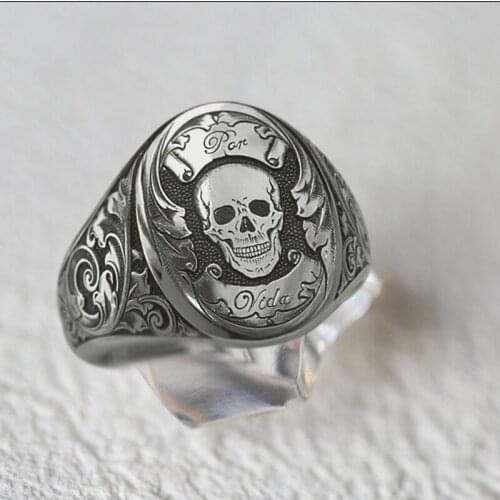 Unique Exaggeration Retro Engraving Skull Ring Gothic Punk Men Silver Color Ring Trend Men Hip Hop Halloween Jewelry Gifts