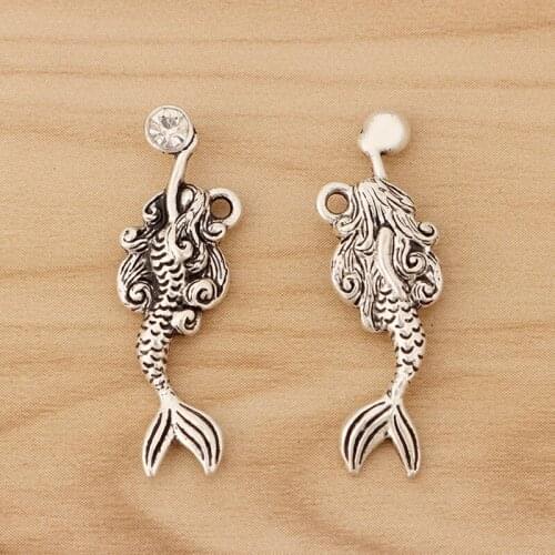 20 Pieces Tibetan Silver Mermaid Crystal Charms Pendants Beads for Necklace Bracelet Jewellery Making Accessories 32x10mm
