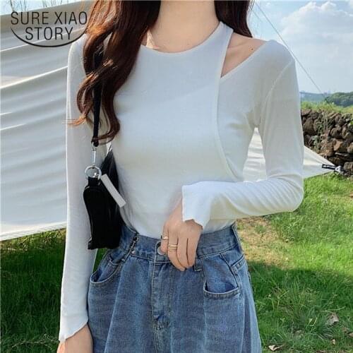 2020 Autumn Solid Cotton T-shirt Slim-Fit Off-Shoulder Fake Two-Piece Long Sleeve T-shirt Korean Clothes Women Tops Tunic 10940