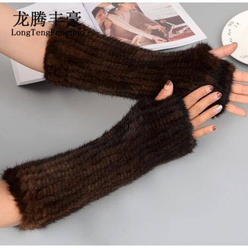 40cm Women Gloves & Mittens Winter Warm Fingerless Gloves Knitted Mittens 100% real mink fur gloves women long gloves Lady