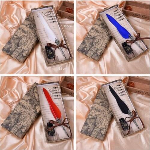 Feather Pen Antique Dip Writing Ink Set Stationery Gift Quill Pen Stationery Gift Box with 6 Nib Teachers day Gift Fountain Pen