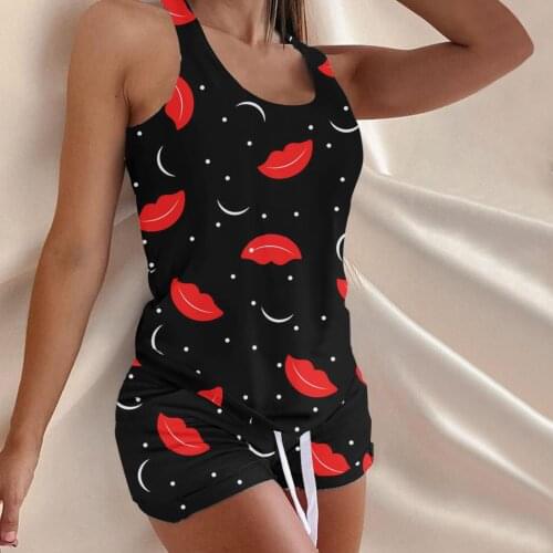 Lip Printing Pajama Sets Sling Tank Top And Shorts Sleepwear Women Sleeveless Drawstring Casual Home Suit Pijamas De Mujer