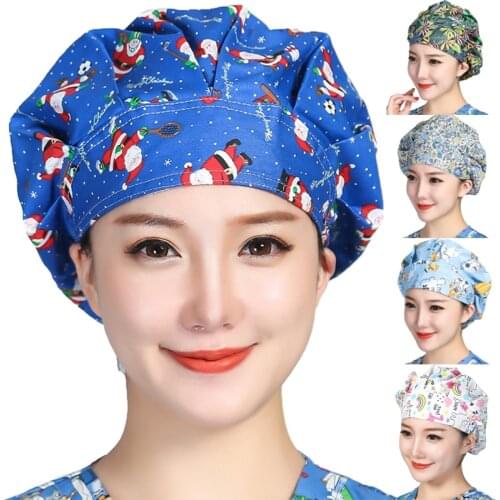Christmas Hats Cotton Sweatband Bouffant Scrubs Caps Cartoon Printed Work Wear Adjustable Washable Women Men Working Caps