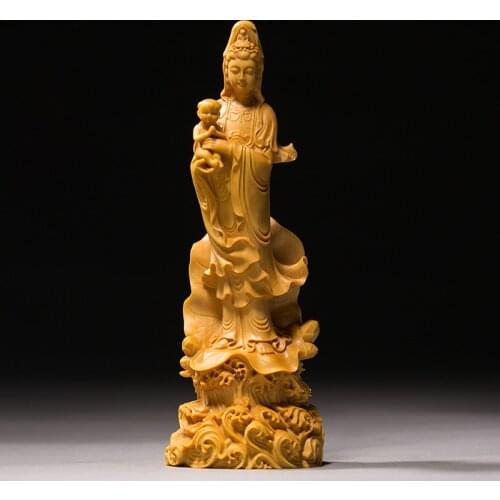 Boxwood 19cm 22cm Guanyin Sculpture Wood Buddha Statue Guan Yin with Boy Home Decor