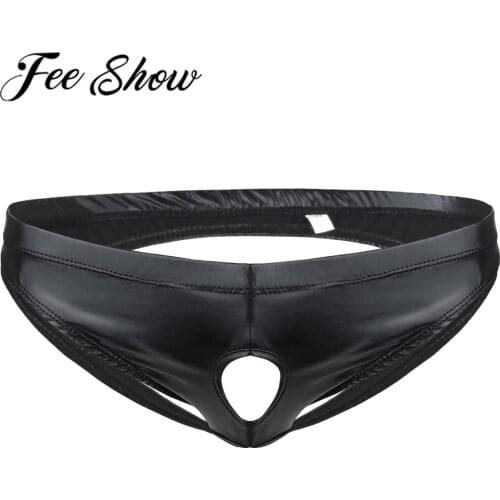 Mens Lingerie Panties Shiny Patent Leather Bikini Briefs Male Exotic Underwear Sissy Front Pouch Open Butt Panties with Holes