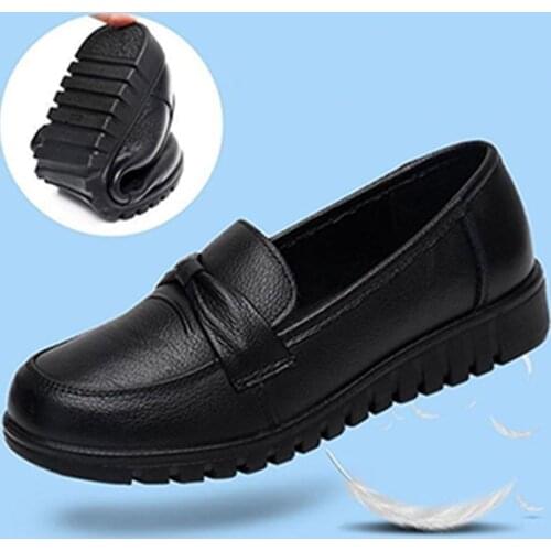 LIHUAMAO Women wedges heel shoes slip on round toe office lady comfortable soft outsole black uniform work shoes casual fashion