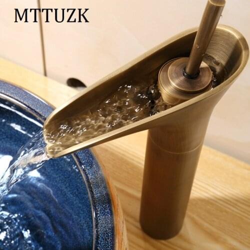 Vidric Free Shipping! Antique Brass Waterfall Bathroom Faucet Single Handle Vanity Sink Mixer Tap Deck Mounted Wine Glass Faucet