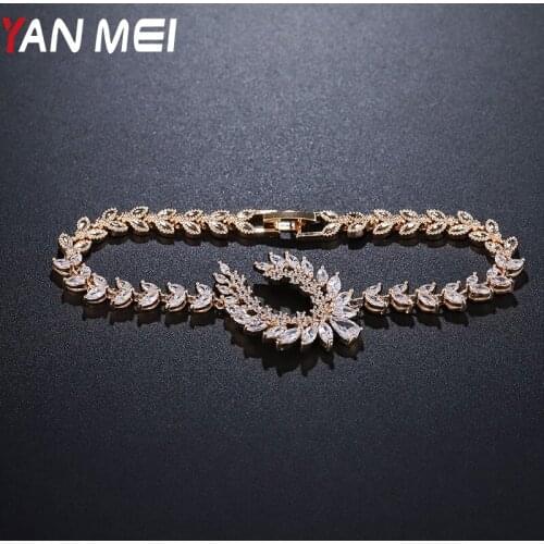 YANMEI CZ Geometric Leaf Bracelets For Women Gold/Silver Rhinestone Pulsera Wheat Shape Bracelet Fashion Jewelry YMS0751