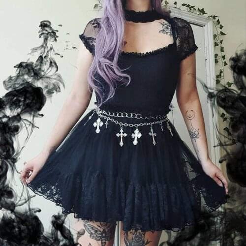 Vintage Tops Women Gothic T-shirts Short Lace Sleeve Basic Tee Shirts Black Casual Slim Punk Streetwear Tshirts Female Goth Top