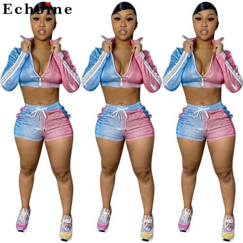 Women Sports Casual Zipper Fashion Gold Color Block Patchwork 2 Piece Set Crop Tops Long Sleeve Lace Up Tracksuit Woman Clothes