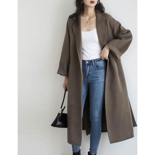 New Autumn Wool Coats Womens Elegant 100% Wool Coat Woman Long Slim Black Overcoat Femme Korean Clothes Manteau Femme SQQ350