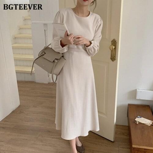 BGTEEVER Chic Elegant Loose Women Mid-length Dress 2020 Autumn O-neck Female Long Sleeve Dress Casual Solid Lace-up Vestidos