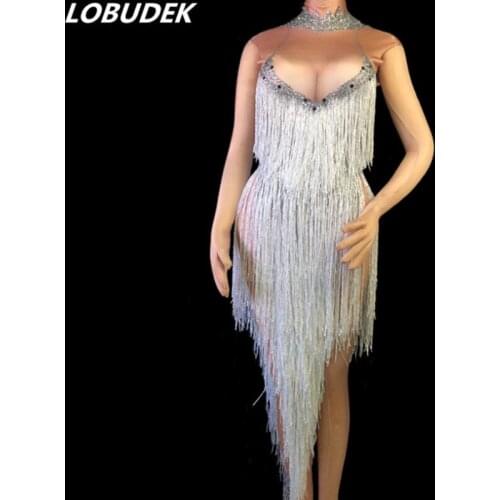 Long Tassels Bling Rhinestones Sleeveless Dress Sexy Modern Dance Women Singer Stage Costume Party Nightclub Show Dance Dresses