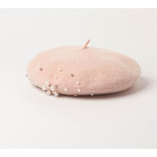 01912-HH0171 light pink wool pearl beautiful lady beret cap women leisure hat