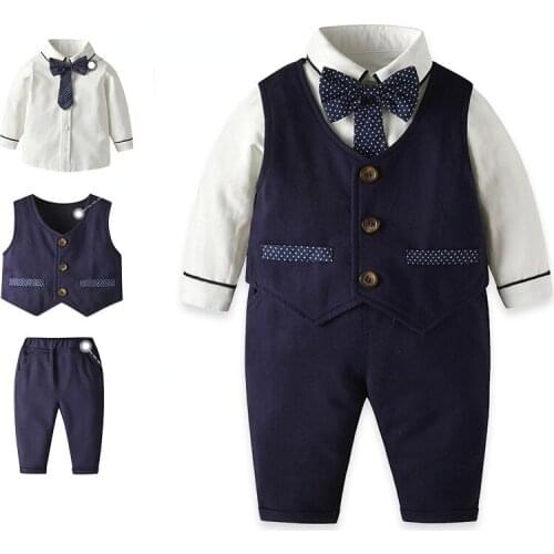 3pcs/Set Childrens Suit Dress Polka Dot Bowknot Childrens Clothing Gentleman Vest Solid Color Long Sleeve Suit Baby Gift