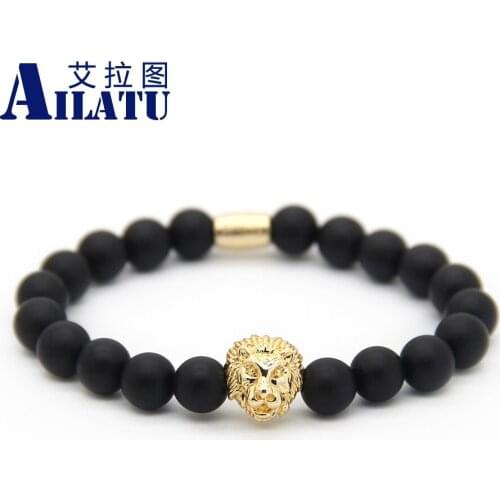 Ailatu Fashion Masculinas Lion Head Bracelet Women Pulseras Hombre Bracciali Mens Elastic Bead Bracelet High Quality Plated