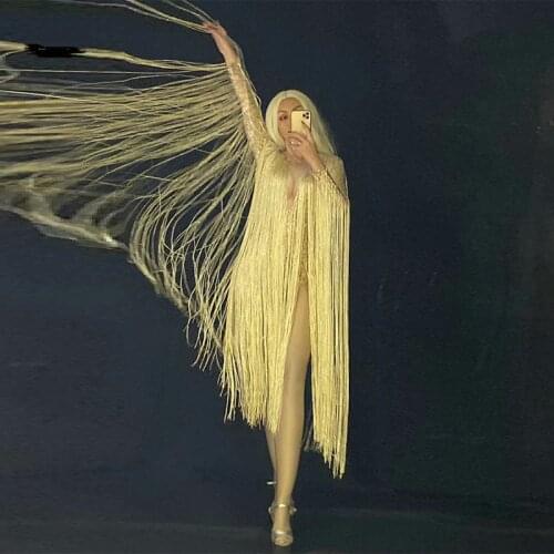 New Gold Long Fringe Bodysuit Stage Costume Long Sleeve Tassel Leotard Birthday Celebrate Party Outfit Dance Performance Dress