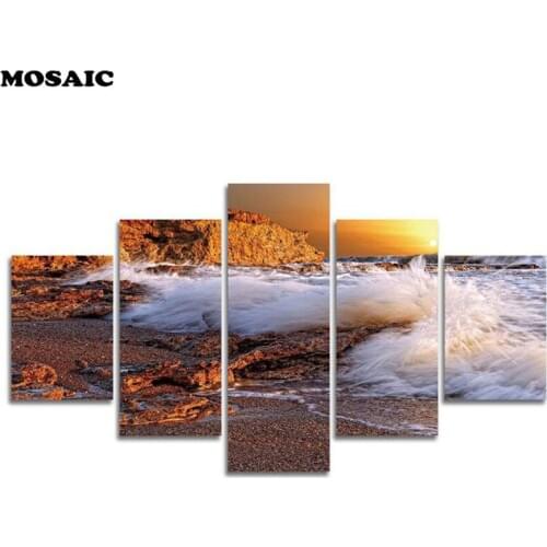 Large diy Diamond Painting Cross Stitch"5Pcs Sunrise Beach Wave"5d Full Resin square Diamond Mosaic Embroidery Rhinestones arts