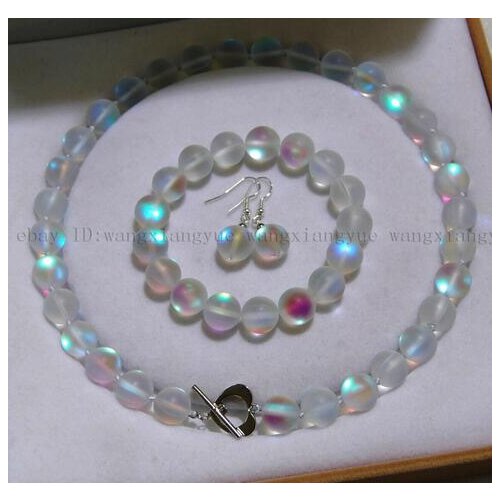 10mm Gray Gleamy Rainbow Moonstone Round Beads Necklace + Bracelet + Earrings Set Jewelry