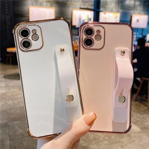 Candy Color Wrist Strap Phone Case for iPhone 11 12 Mini Pro Max XS Max X XR 7 8 Plus ElectroPlating Simple Solid Back Cover