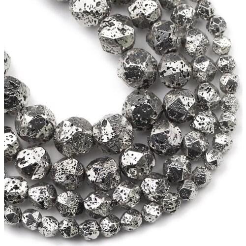 Ancient White Gold Natural Faceted Volcanic Lava Stone Beads 6/8/10/12mm Spacers Loose Beads for Jewelry Making DIY Bracelets