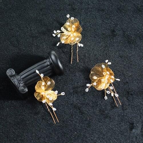Elegant Bridal Headdress Exquisite Golden Bracket Flower Millet Beads Handmade Hairnip Earring Set for Wedding Perform HP024