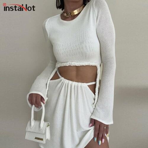 InstaHot Hollow Out Drawstring Women Two Piece Skirt Set Casual Long Sleeve Vintage Outfit 2021 Autumn Female White 2 Piece Set