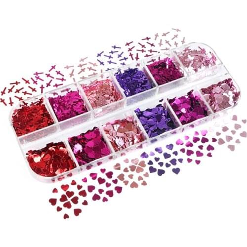 Cross Shape Mix Love Heart Sequins For Nail Decorations Valentines Day Manicure Pink Purple Glitter Flakes Nail Art Accessories