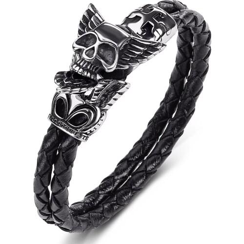 Fashion Genuine Leather Bracelet Men Punk Hip Hop Jewelry Stainless Steel Skull Party Bangles Braided Wristband Male P525