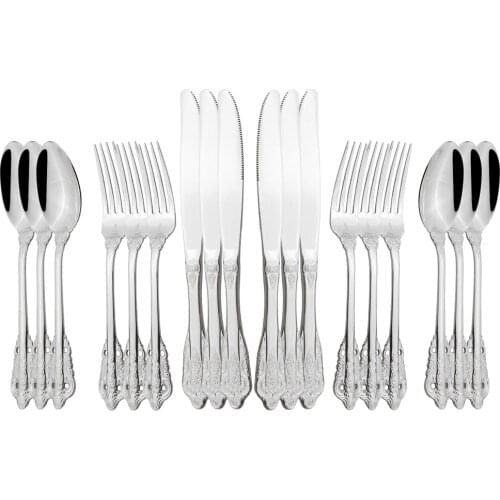 18pcs Dinnerware Vintage Luxury Western Sliver Stainless Steel Cutlery Set Dinner Knife Fork Spoon Teaspoons Set Tableware Set