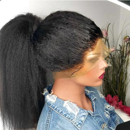 Yaki 180% Density 26 Inch Long Kinky Straight Synthetic Wigs Natural Black Lace Front Wig For Women Daily Cosplay Heat Resistant