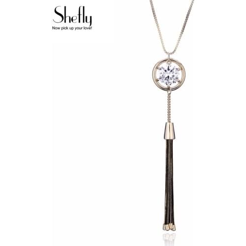 New Luxury Jewelry for Women CZ Crystal Circle Metal Tassel Pendant Long Necklace Coffee Gold Color Sweater Chain Gift for Party