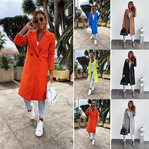 Fall and Winter Fashion Long Candy Yellow Khaki Grey Black Lapel Coat Jacket Women