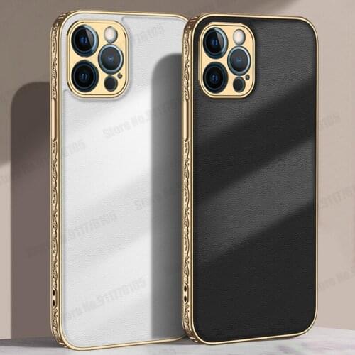 6D Electroplated Plain Leather Phone Case For iPhone 12 Pro Max Carving Plating Shockproof Cover For APPLE 12 Pro A2411 A2342