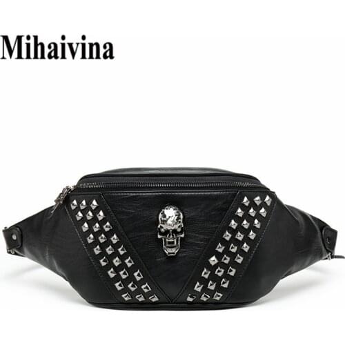 Mihaivina Punk Rivet Skull Men Waist Bag Women Black Fanny Pack Leather Chest Bags Female Shoulder Messenger Bag Bum Bags