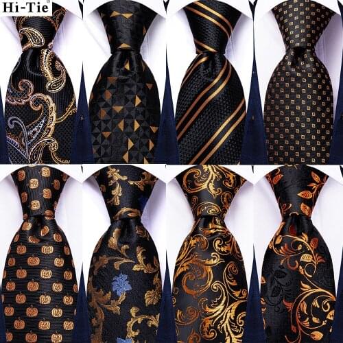Hi-Tie Black Gold Striped Novelty Design Paisley Floral Silk Wedding Tie For Men Hanky Cufflink Quality Nicktie Set Dropshipping