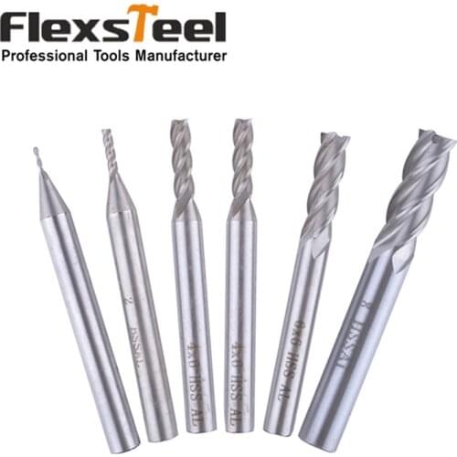Flexsteel 6 Pieces Straight Shank CNC 4-Blade Flute End Mill Milling Cutter Drill Bit Tool Router Drill Set 1/2/3/4/6/8 mm