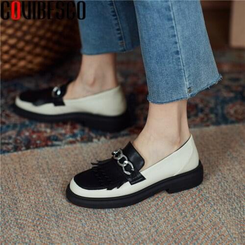 COVIBESCO Basic Casual Spring Women Pumps Genuine Leather Low Heels Shoes Woman Newest Fringe Chain Pumps 2021 Fashion Concise