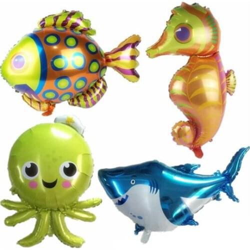 4 pcs Large Sea Animal Balloons, 38 inch Cartoon Seahorse Balloon/Octopus Balloon/Shark Balloon/Tropical Fish Balloons