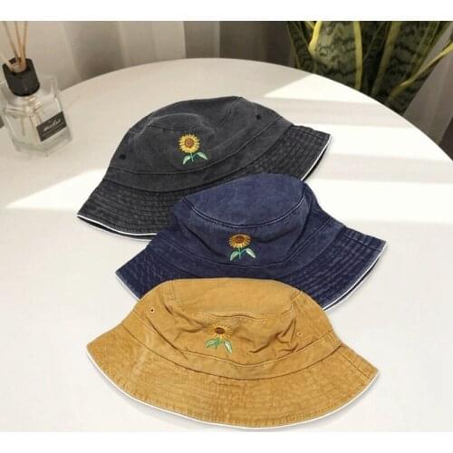 Embroidery Sunflower Washed Fishing Hunting Cap Outdoor Beach Fisherman Cap Panama Womens Bucket Hat