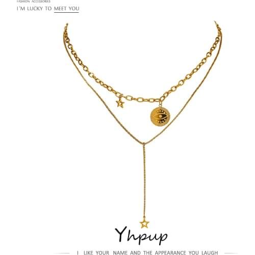 Yhpup Statement Eye star Layered Long Pendant Necklace Stainless Steel Temperament Women Chain Choker ожерелье бижутерия Gift