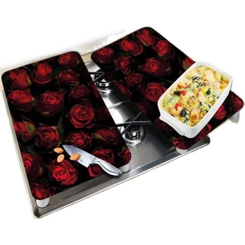 Glass Cooker Protective 2 pcs Glass Cutting Board and Cooker Protection Panel Black Red Rose Patterned Glass Cooker Protection Panel 30x52 cm